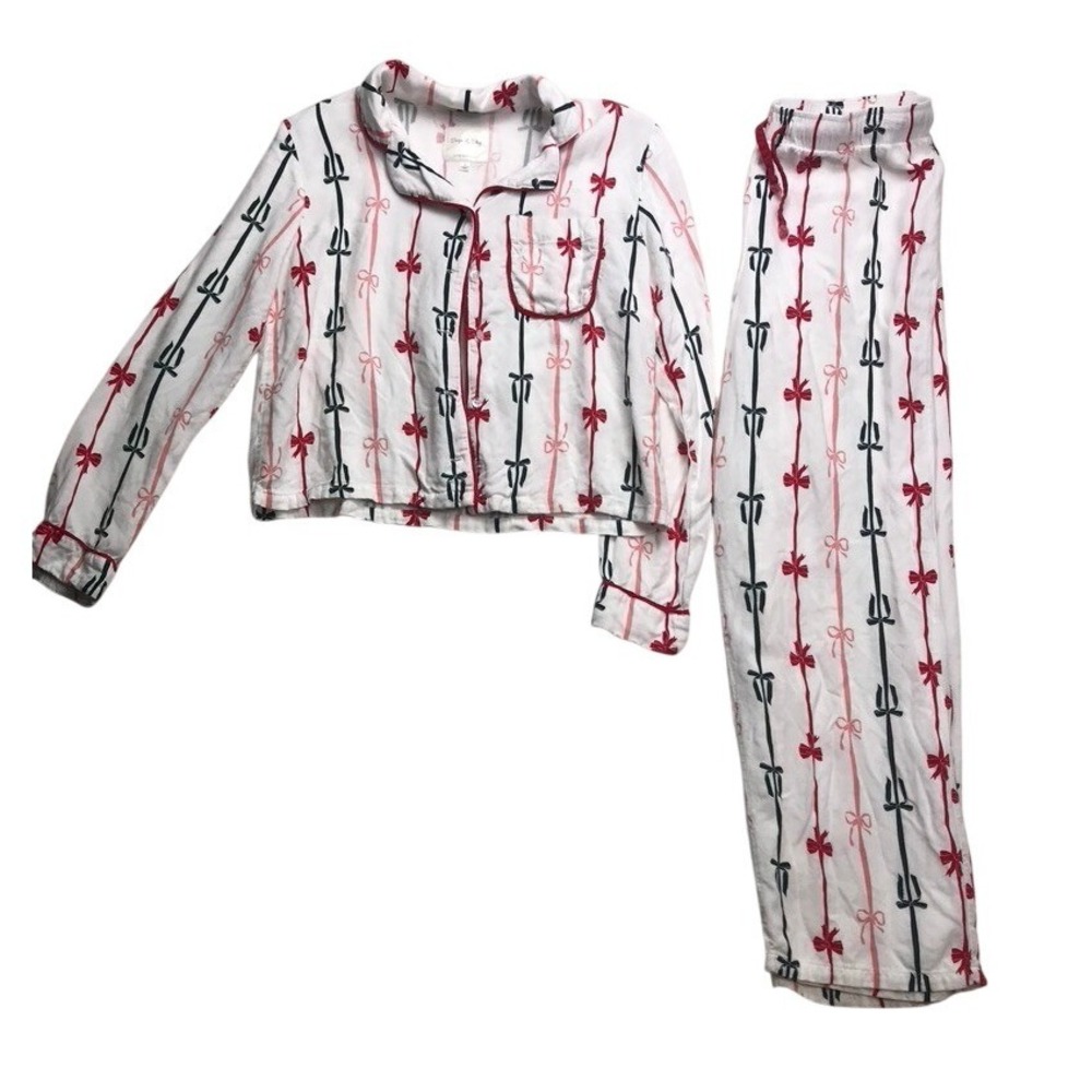 Sage & Sky Womens White Red Black‎ Bow Ribbon Pajama Set Size S Long Sleeve Crop